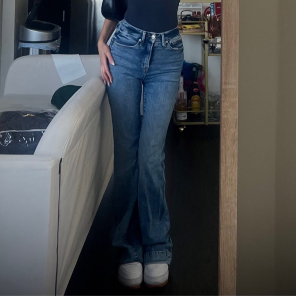 Good American Blue Denim Flare Jeans - High Rise Wide Leg